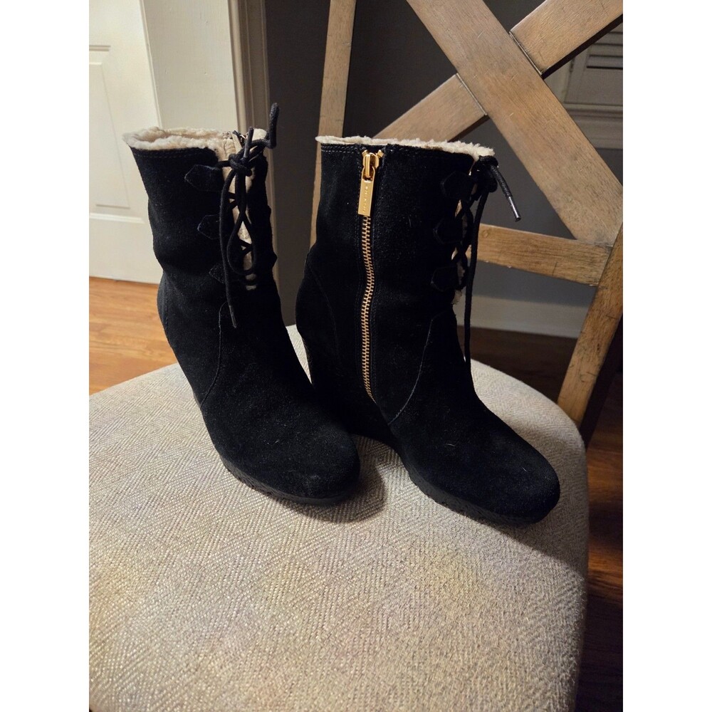 Michael Kors Rory Womens Black Suede Faux Sherpa Wedge Classic Booties Size 6.5